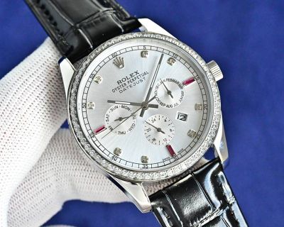 Rolex Datejust 9100 Movement 41*10mm 316L Steel Black/Brown Cowhide Leather Band Diamond Watch